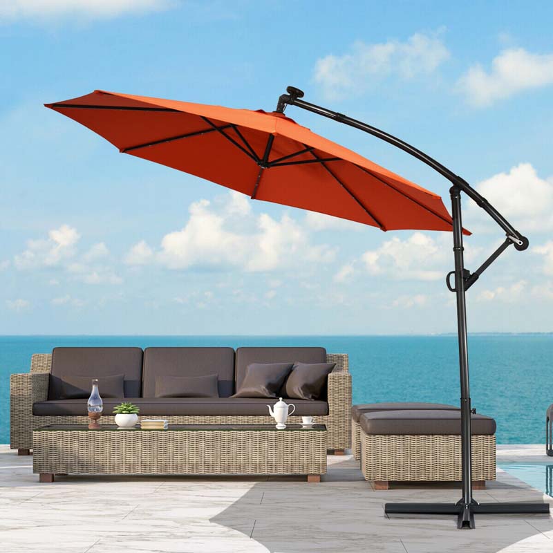 10FT Solar LED Offset Cantilever Umbrella, 360° Rotation Outdoor Patio Market Umbrella with Tilt Adjustment, Cross Base & Crank Handle