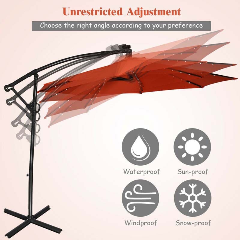 10FT Solar LED Offset Cantilever Umbrella, 360° Rotation Outdoor Patio Market Umbrella with Tilt Adjustment, Cross Base & Crank Handle