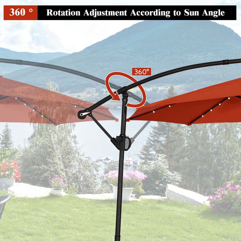 10FT Solar LED Offset Cantilever Umbrella, 360° Rotation Outdoor Patio Market Umbrella with Tilt Adjustment, Cross Base & Crank Handle