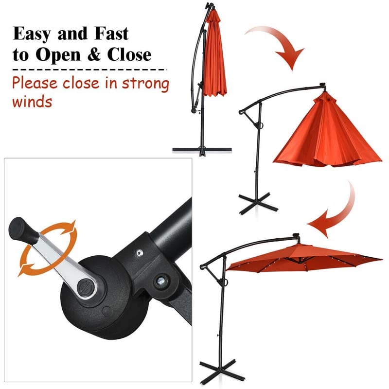 10FT Solar LED Offset Cantilever Umbrella, 360° Rotation Outdoor Patio Market Umbrella with Tilt Adjustment, Cross Base & Crank Handle