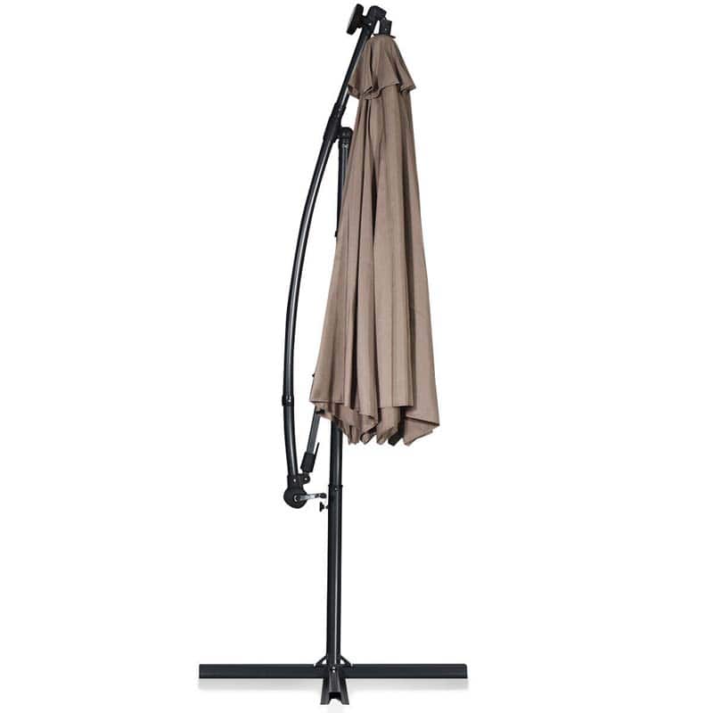 10FT Solar LED Offset Cantilever Umbrella, 360° Rotation Outdoor Patio Market Umbrella with Tilt Adjustment, Cross Base & Crank Handle