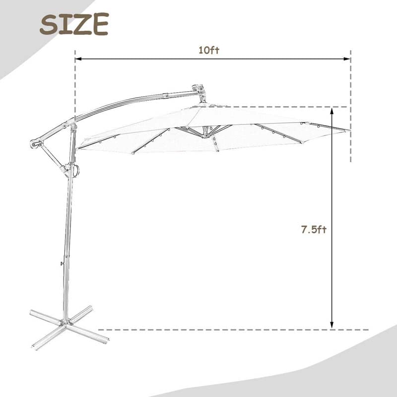 10FT Solar LED Offset Cantilever Umbrella, 360° Rotation Outdoor Patio Market Umbrella with Tilt Adjustment, Cross Base & Crank Handle