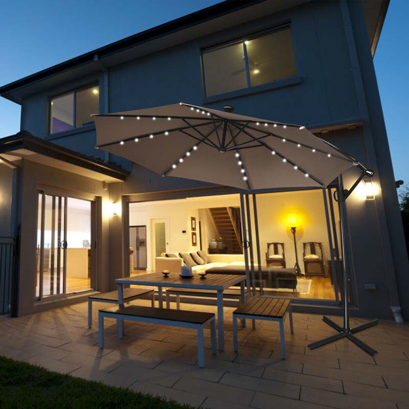 10FT Solar LED Offset Cantilever Umbrella, 360° Rotation Outdoor Patio Market Umbrella with Tilt Adjustment, Cross Base & Crank Handle