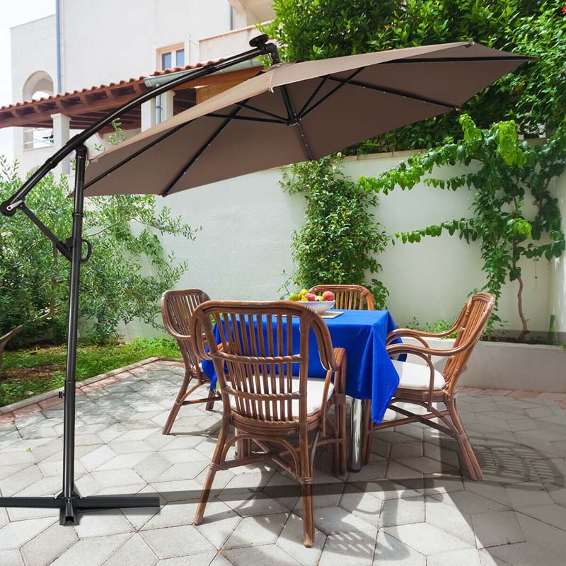 10FT Solar LED Offset Cantilever Umbrella, 360° Rotation Outdoor Patio Market Umbrella with Tilt Adjustment, Cross Base & Crank Handle