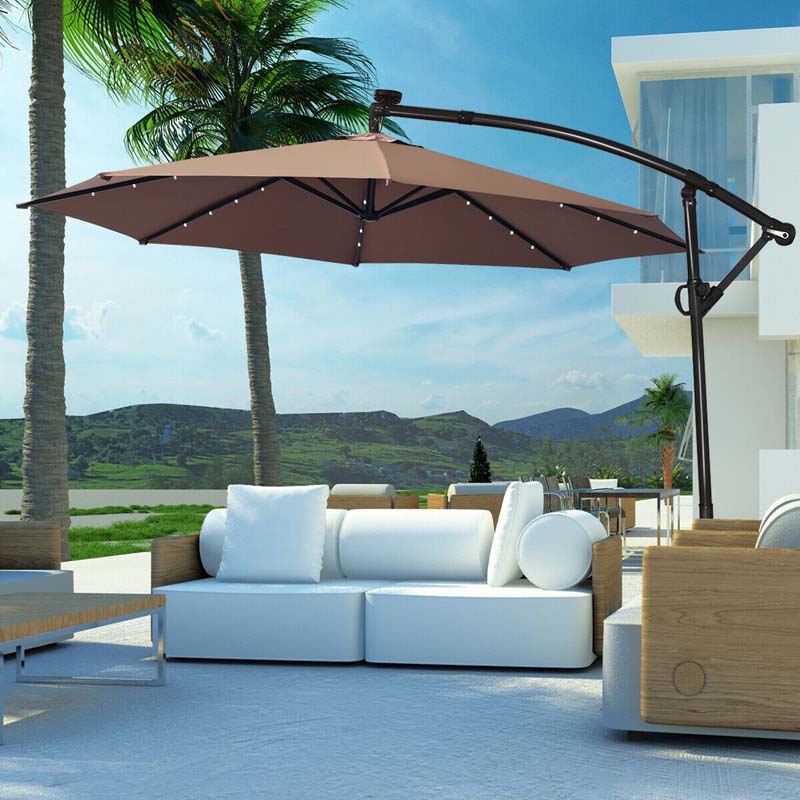 10FT Solar LED Offset Cantilever Umbrella, 360° Rotation Outdoor Patio Market Umbrella with Tilt Adjustment, Cross Base & Crank Handle