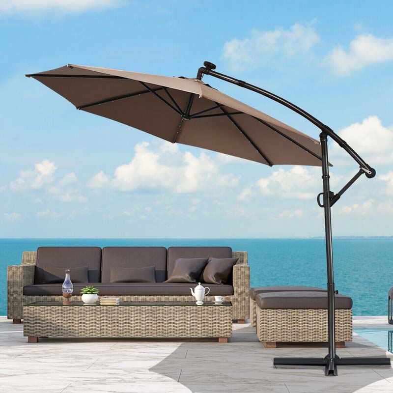 10FT Solar LED Offset Cantilever Umbrella, 360° Rotation Outdoor Patio Market Umbrella with Tilt Adjustment, Cross Base & Crank Handle