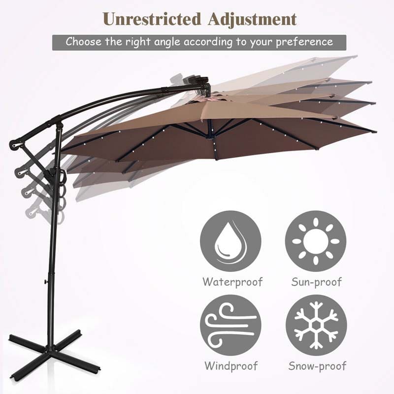 10FT Solar LED Offset Cantilever Umbrella, 360° Rotation Outdoor Patio Market Umbrella with Tilt Adjustment, Cross Base & Crank Handle