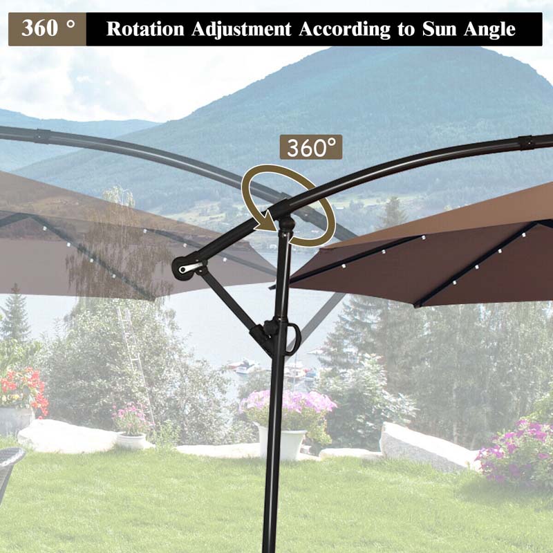 10FT Solar LED Offset Cantilever Umbrella, 360° Rotation Outdoor Patio Market Umbrella with Tilt Adjustment, Cross Base & Crank Handle