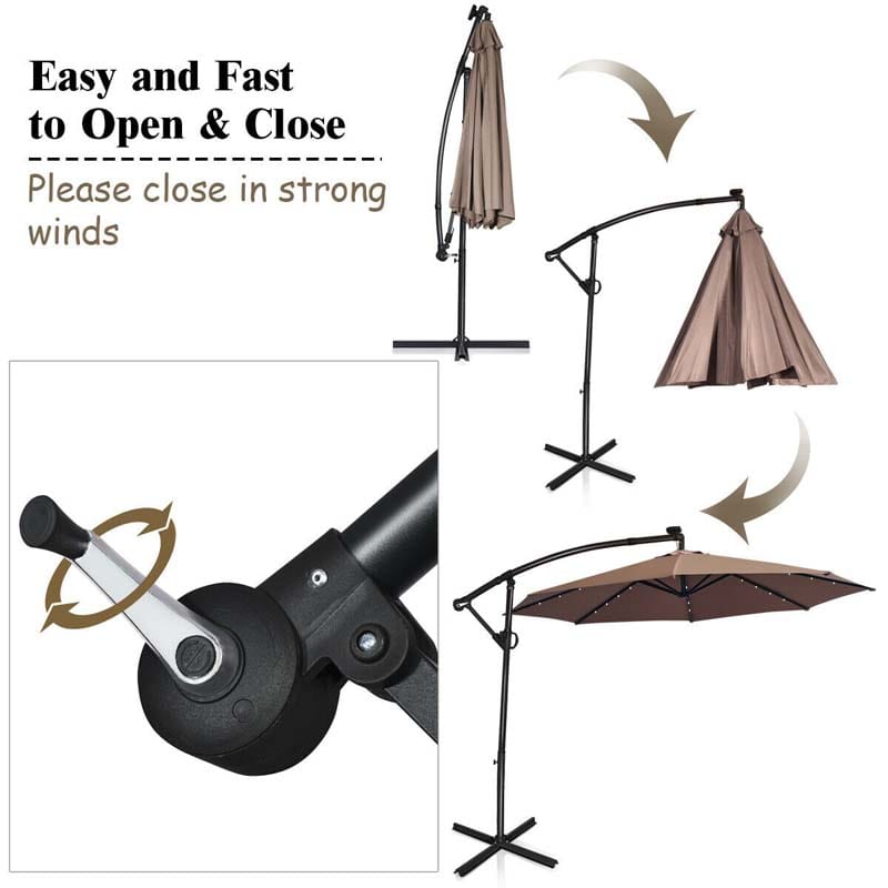 10FT Solar LED Offset Cantilever Umbrella, 360° Rotation Outdoor Patio Market Umbrella with Tilt Adjustment, Cross Base & Crank Handle