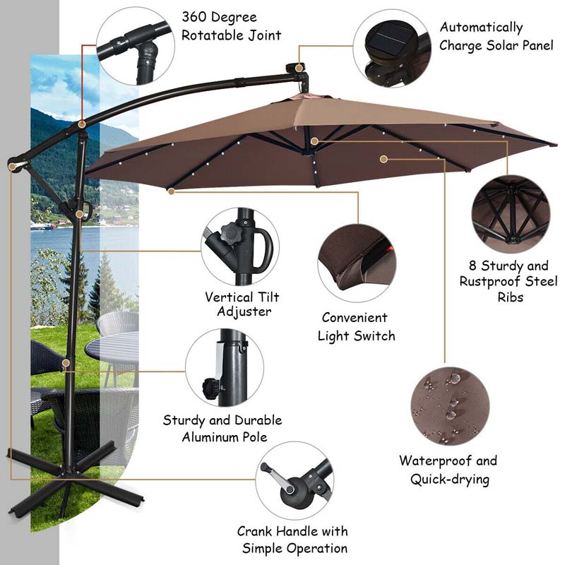 10FT Solar LED Offset Cantilever Umbrella, 360° Rotation Outdoor Patio Market Umbrella with Tilt Adjustment, Cross Base & Crank Handle