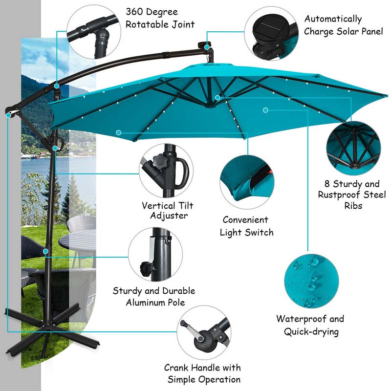 10FT Solar LED Offset Cantilever Umbrella, 360° Rotation Outdoor Patio Market Umbrella with Tilt Adjustment, Cross Base & Crank Handle