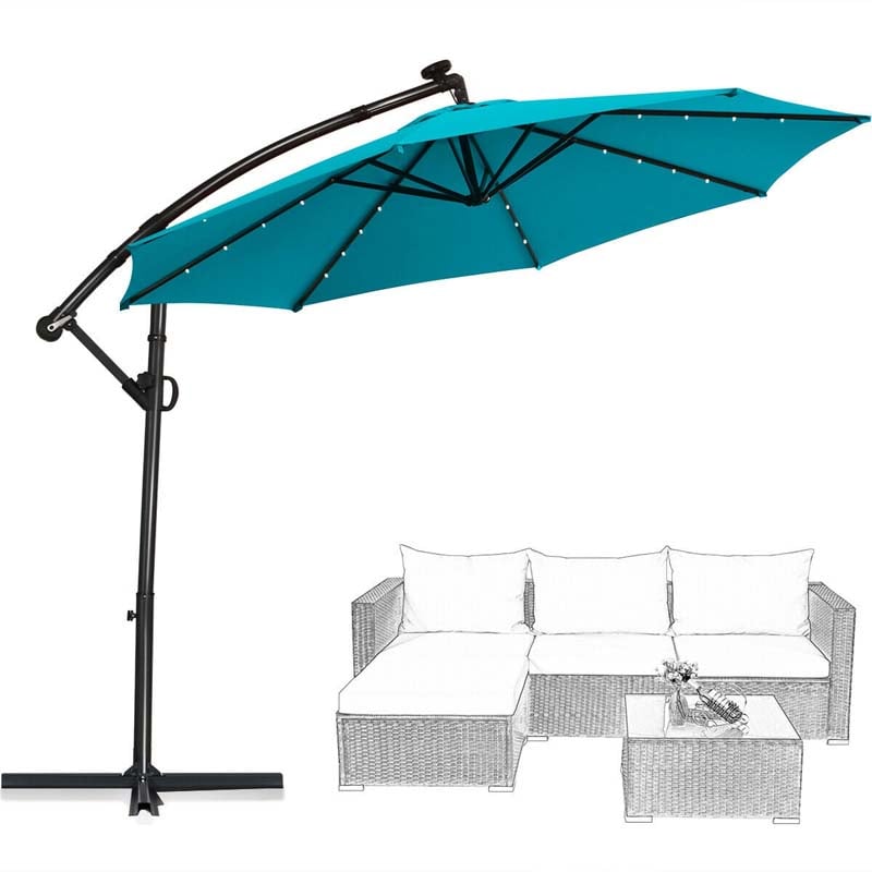 10FT Solar LED Offset Cantilever Umbrella, 360° Rotation Outdoor Patio Market Umbrella with Tilt Adjustment, Cross Base & Crank Handle