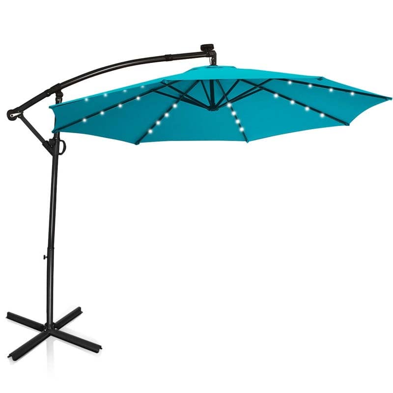 10FT Solar LED Offset Cantilever Umbrella, 360° Rotation Outdoor Patio Market Umbrella with Tilt Adjustment, Cross Base & Crank Handle
