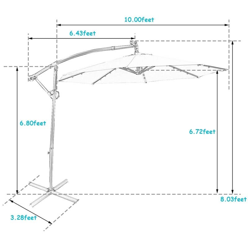 10FT Solar LED Offset Cantilever Umbrella, 360° Rotation Outdoor Patio Market Umbrella with Tilt Adjustment, Cross Base & Crank Handle