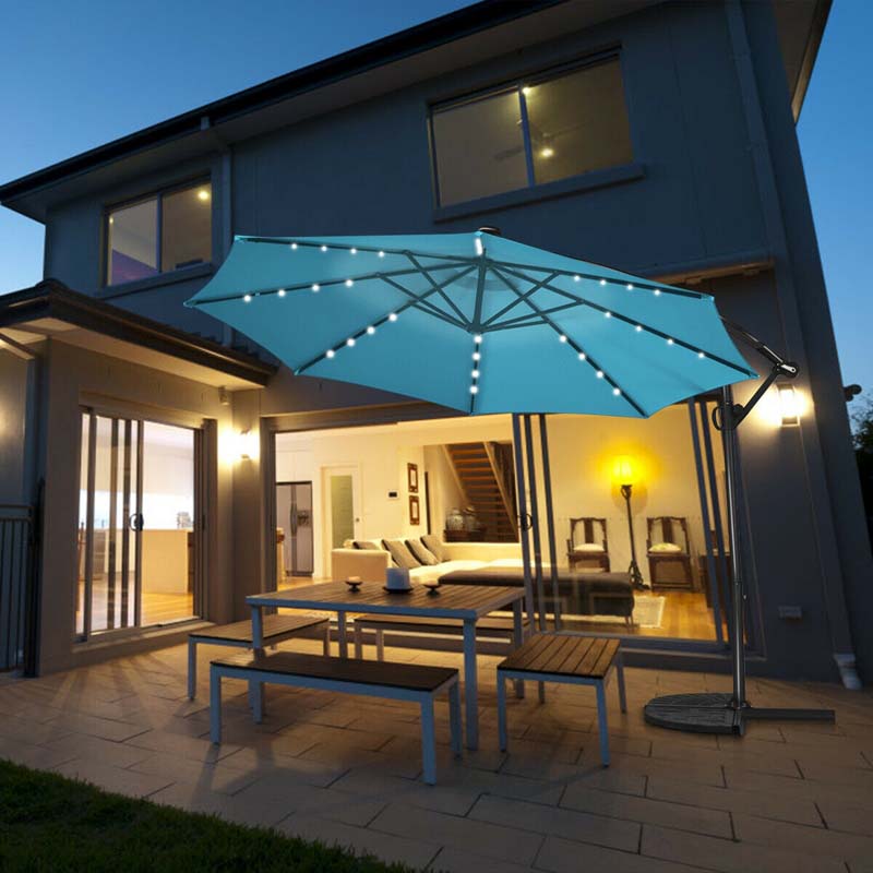 10FT Solar LED Offset Cantilever Umbrella, 360° Rotation Outdoor Patio Market Umbrella with Tilt Adjustment, Cross Base & Crank Handle