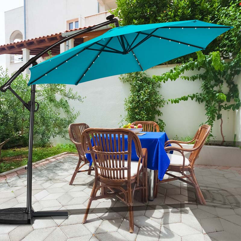 10FT Solar LED Offset Cantilever Umbrella, 360° Rotation Outdoor Patio Market Umbrella with Tilt Adjustment, Cross Base & Crank Handle