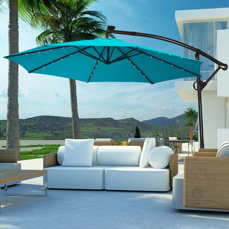 10FT Solar LED Offset Cantilever Umbrella, 360° Rotation Outdoor Patio Market Umbrella with Tilt Adjustment, Cross Base & Crank Handle