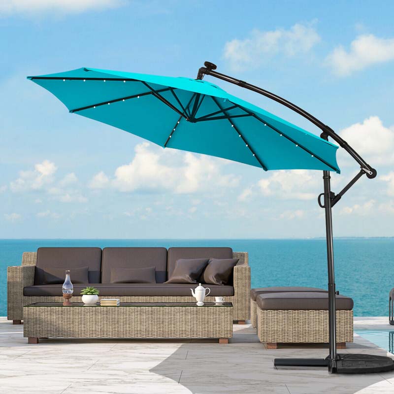 10FT Solar LED Offset Cantilever Umbrella, 360° Rotation Outdoor Patio Market Umbrella with Tilt Adjustment, Cross Base & Crank Handle