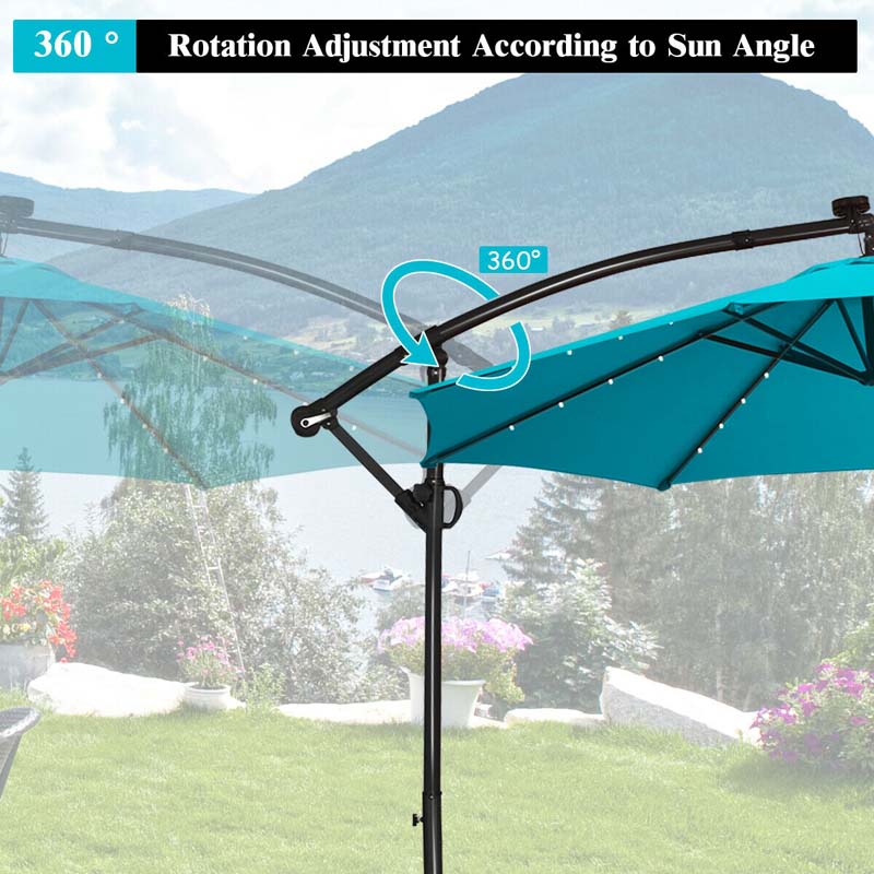 10FT Solar LED Offset Cantilever Umbrella, 360° Rotation Outdoor Patio Market Umbrella with Tilt Adjustment, Cross Base & Crank Handle
