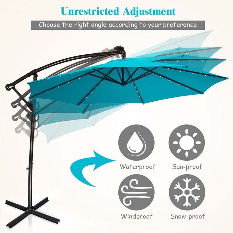 10FT Solar LED Offset Cantilever Umbrella, 360° Rotation Outdoor Patio Market Umbrella with Tilt Adjustment, Cross Base & Crank Handle
