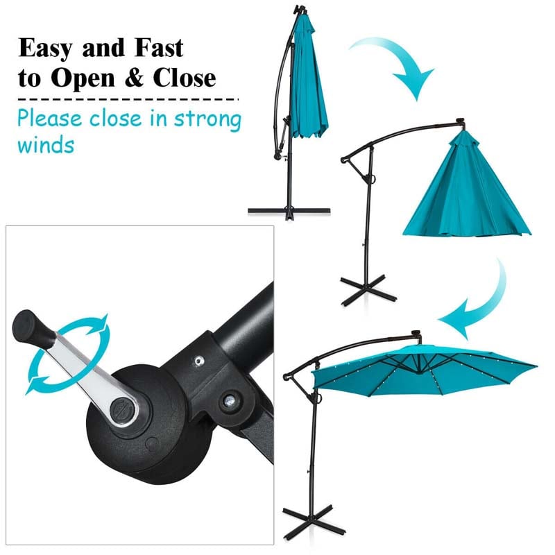 10FT Solar LED Offset Cantilever Umbrella, 360° Rotation Outdoor Patio Market Umbrella with Tilt Adjustment, Cross Base & Crank Handle