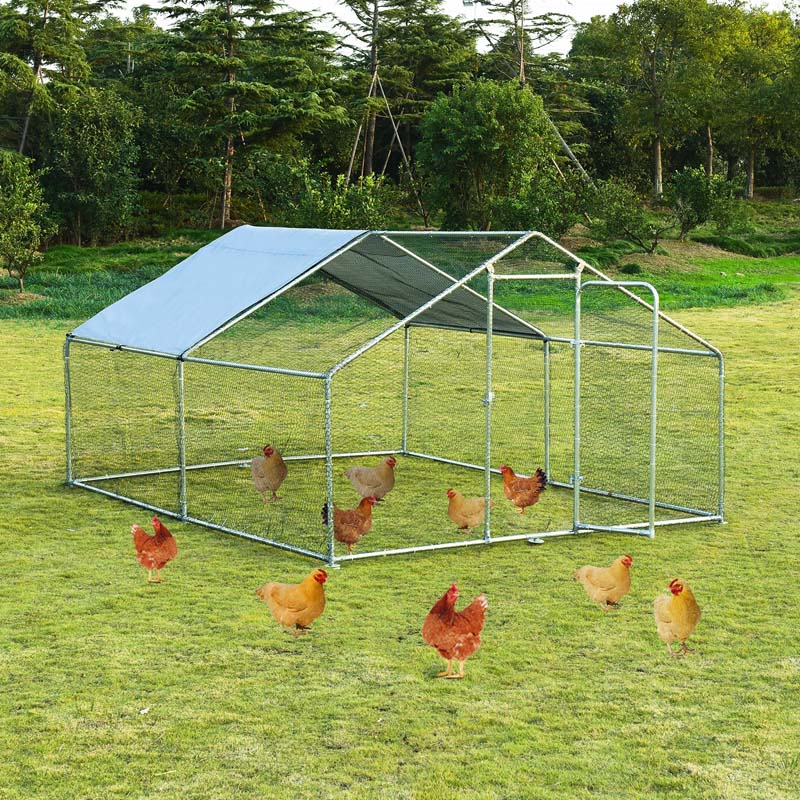 13FT Large Chicken Coop, Galvanized Metal Walk-in Poultry Cage Hen Run House Rabbits Habitat with Waterproof Cover & Lockable Door for Backyard Farm