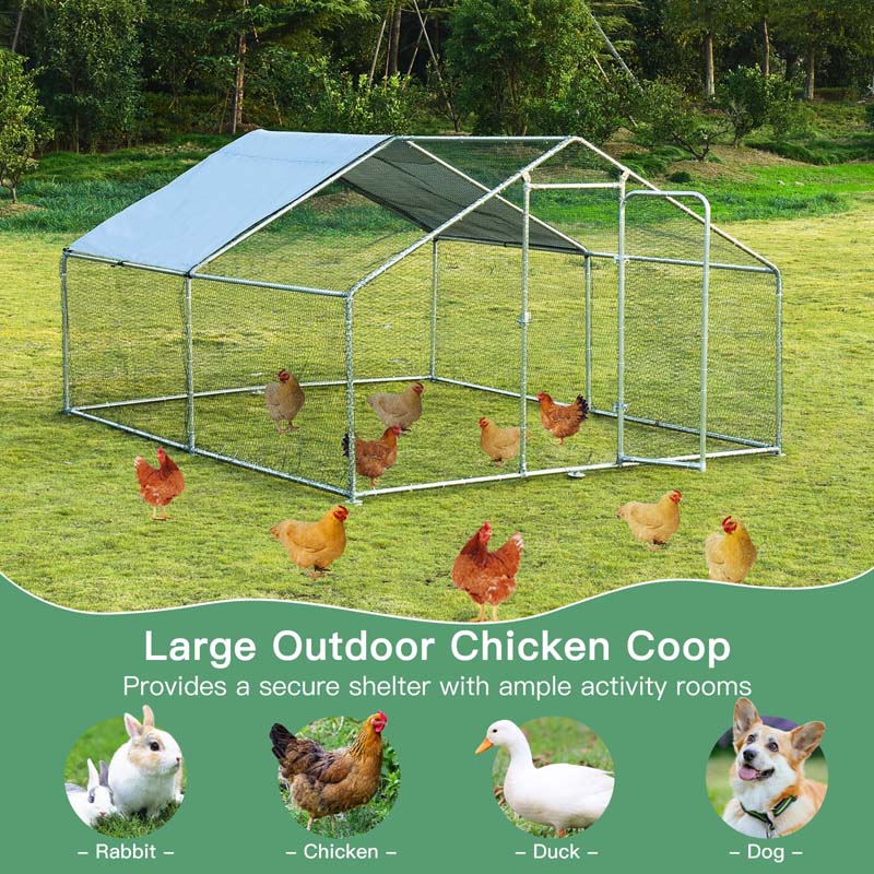 13FT Large Chicken Coop, Galvanized Metal Walk-in Poultry Cage Hen Run House Rabbits Habitat with Waterproof Cover & Lockable Door for Backyard Farm