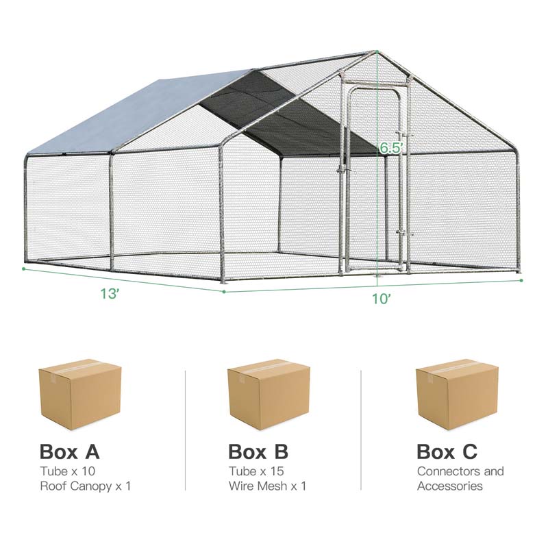 10' x 13' x 6.5' Galvanized Metal Large Walk-in Chicken Coop Cage Runs Hen House with Cover & Lockable Door