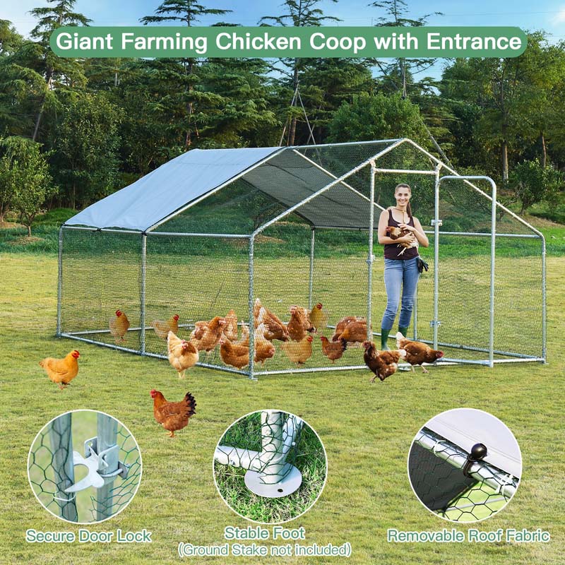13FT Large Chicken Coop, Galvanized Metal Walk-in Poultry Cage Hen Run House Rabbits Habitat with Waterproof Cover & Lockable Door for Backyard Farm