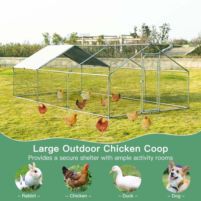 10' x 20' x 6.5' Galvanized Metal Large Walk-in Chicken Coop Cage Runs Hen House with Cover & Lockable Door