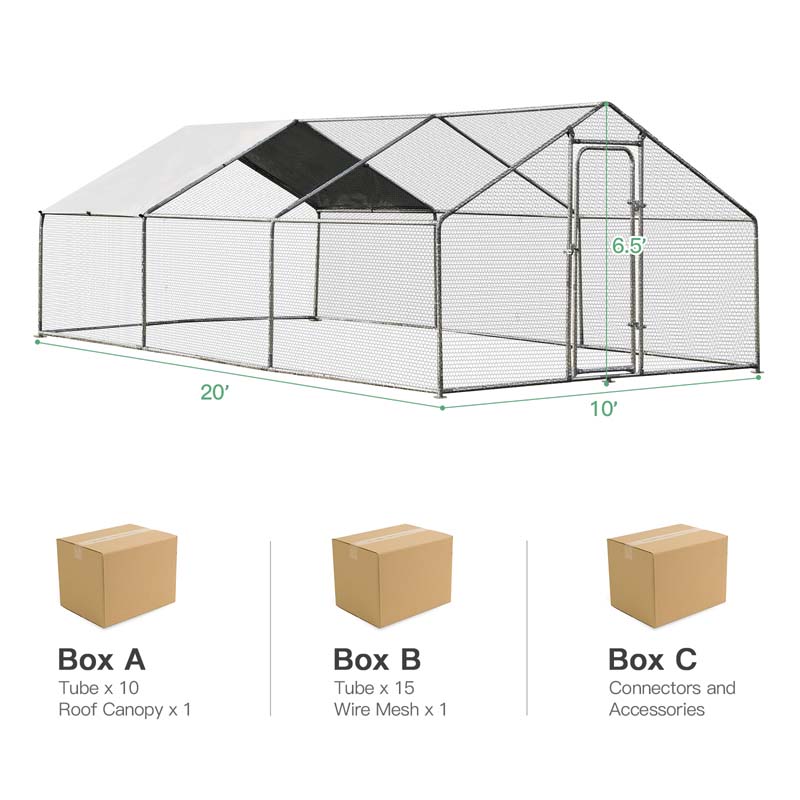 10' x 20' x 6.5' Galvanized Metal Large Walk-in Chicken Coop Cage Runs Hen House with Cover & Lockable Door