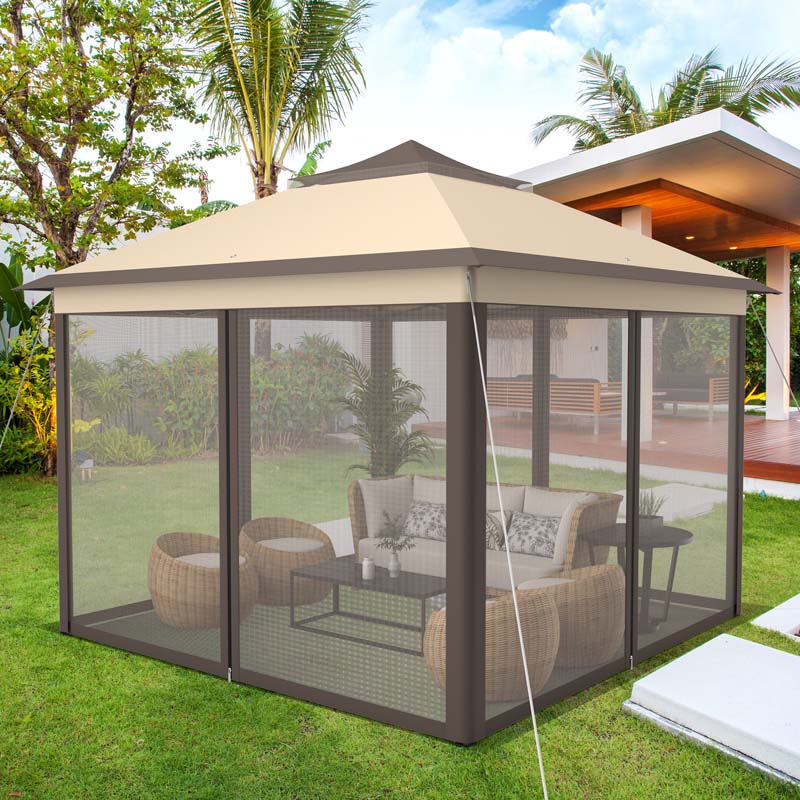 11 x 11 FT 2-Tier Pop-Up Gazebo Tent Portable Outdoor Canopy Shelter with Netting & Carry Bag