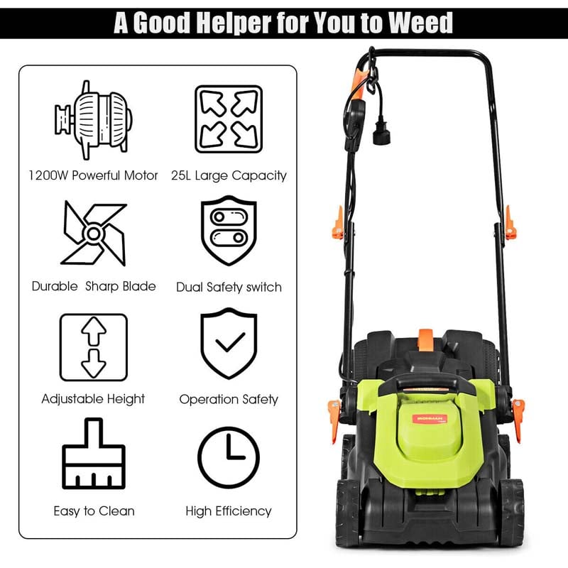 12 Amp 14" Corded Electric Lawn Mower with Folding Handle, 3 Cutting Heights Push Mower with 25L Collection Bag