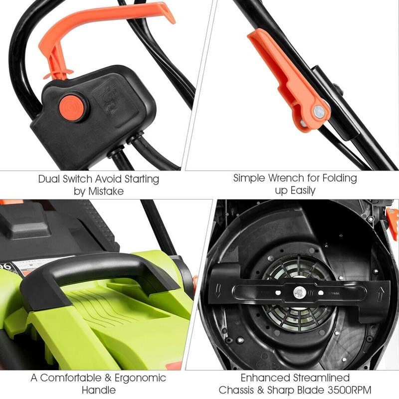 12 Amp 14" Corded Electric Lawn Mower with Folding Handle, 3 Cutting Heights Push Mower with 25L Collection Bag