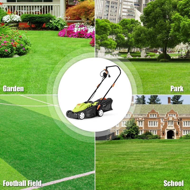 12 Amp 14" Corded Electric Lawn Mower with Folding Handle, 3 Cutting Heights Push Mower with 25L Collection Bag