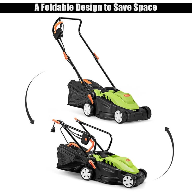 12 Amp 14" Corded Electric Lawn Mower with Folding Handle, 3 Cutting Heights Push Mower with 25L Collection Bag