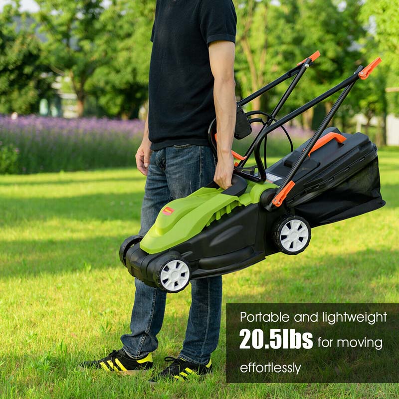 12 Amp 14" Corded Electric Lawn Mower with Folding Handle, 3 Cutting Heights Push Mower with 25L Collection Bag