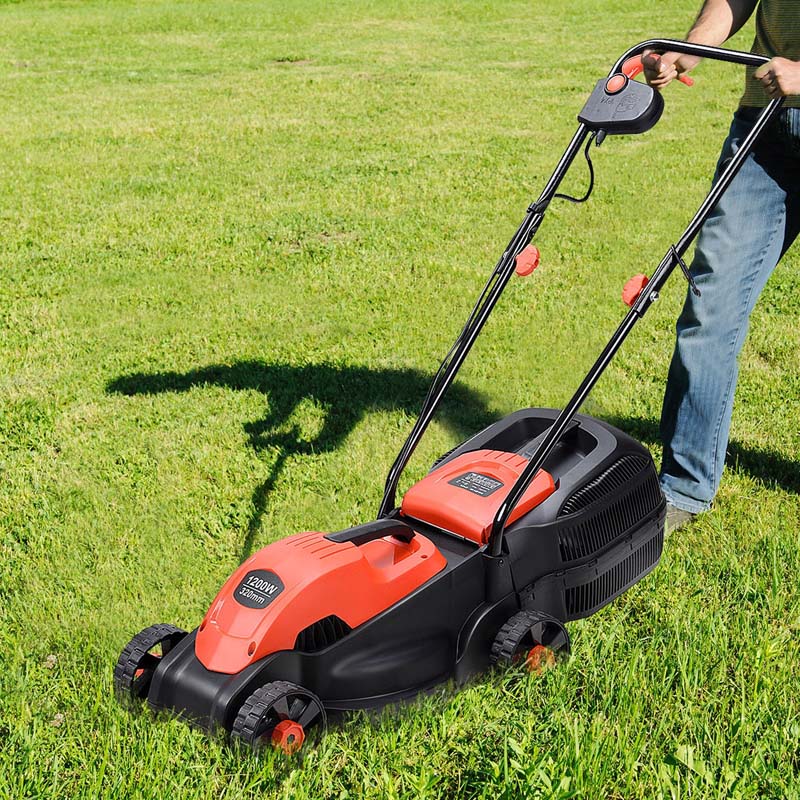 12 Amp 14" Corded Electric Lawn Mower, 3 Adjustable Cutting Heights Push Mower with 30L Grass Collection Bag