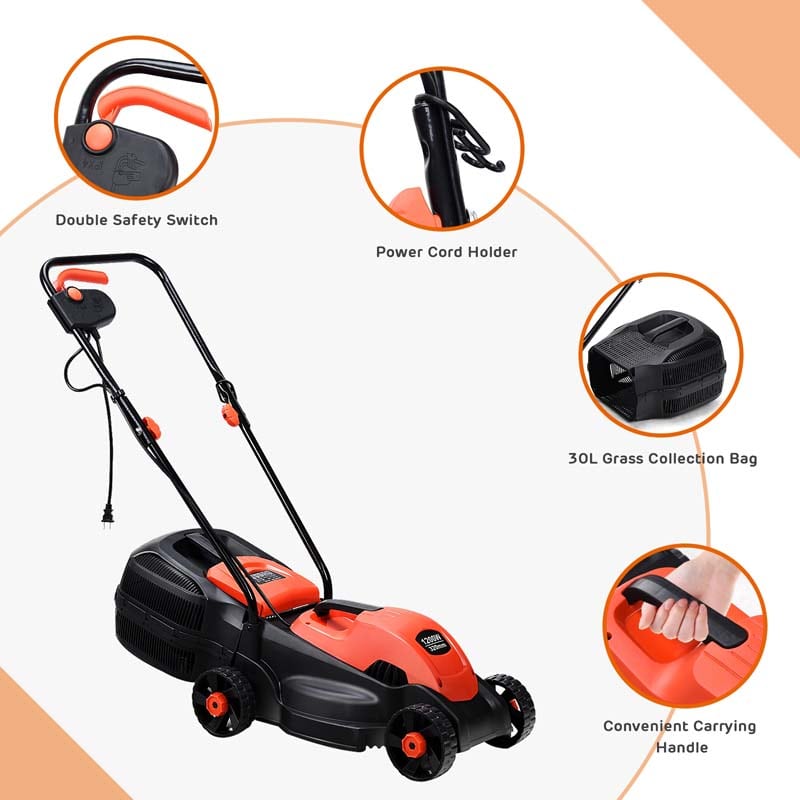 12 Amp Electric Lawn Mower, 13-Inch 2-in-1 Corded Push Mower with Grass Bag, Folding Handle & Adjustable Cutting Height for Garden Yard