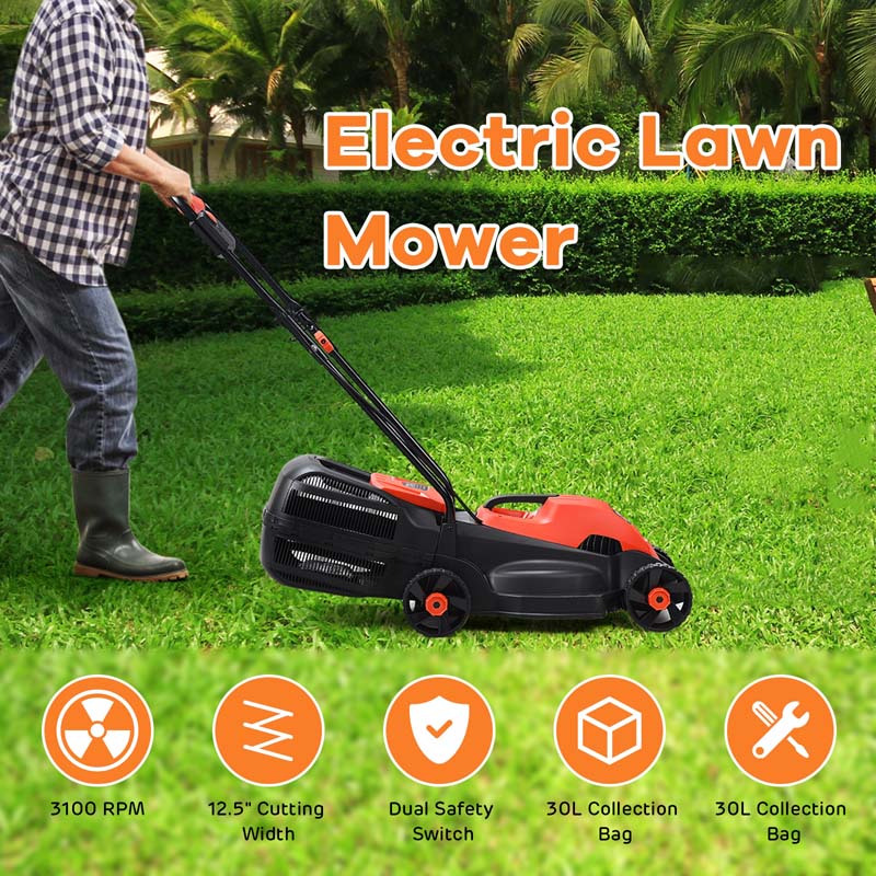12 Amp Electric Lawn Mower, 13-Inch 2-in-1 Corded Push Mower with Grass Bag, Folding Handle & Adjustable Cutting Height for Garden Yard