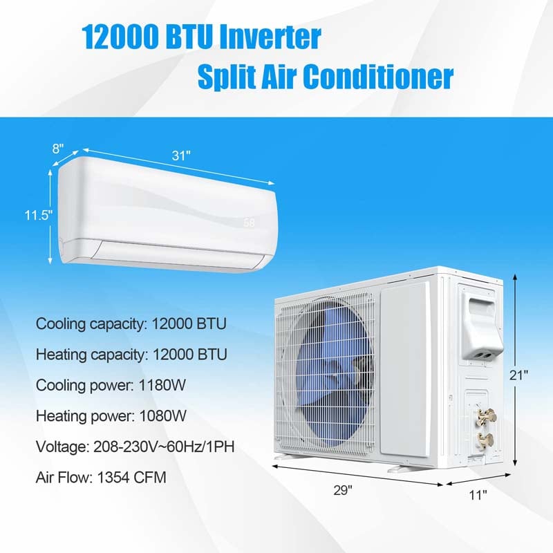 12000BTU Ductless Mini Split Air Conditioner 208-230V 17 SEER2 Wall-Mounted Inverter AC Unit with Heat Pump