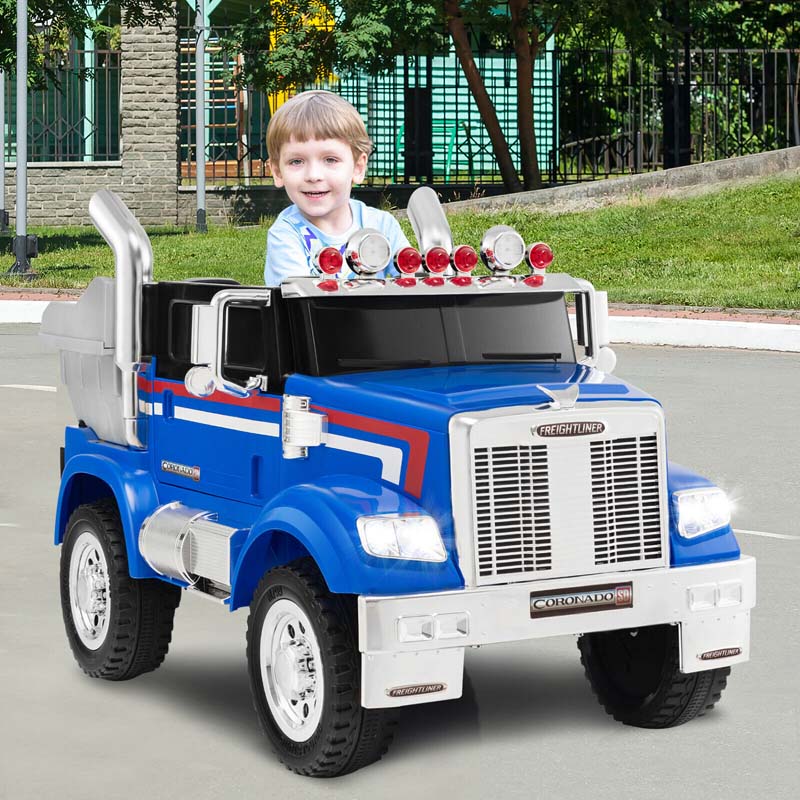 12V Licensed Freightliner Kids Ride On Truck, Battery Powered Trailer RC Riding Toy Car with Dump Box & Lights