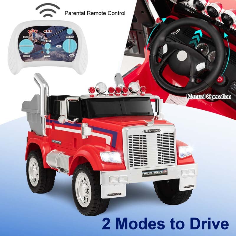 12V Licensed Freightliner Kids Ride On Truck, Battery Powered Trailer RC Riding Toy Car with Dump Box & Lights