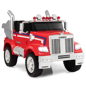 12V Licensed Freightliner Kids Ride On Truck, Battery Powered Trailer RC Riding Toy Car with Dump Box & Lights