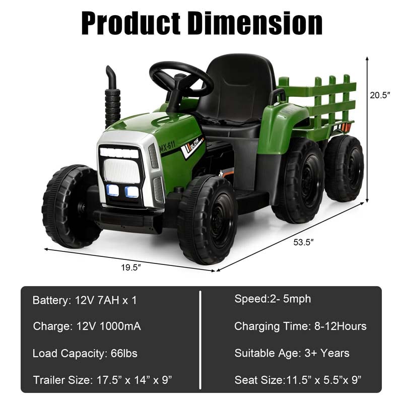 12V Kids Ride On Tractor with Detachable Trailer, 3-Gear Ground Loader & Remote Control, Riding Toy Tractor Electric Vehicle for Ages 3+