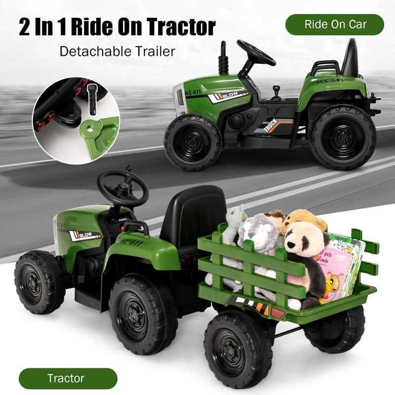 12V Kids Ride On Tractor with Detachable Trailer, 3-Gear Ground Loader & Remote Control, Riding Toy Tractor Electric Vehicle for Ages 3+