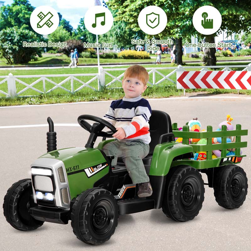 12V Kids Ride On Tractor with Detachable Trailer, 3-Gear Ground Loader & Remote Control, Riding Toy Tractor Electric Vehicle for Ages 3+