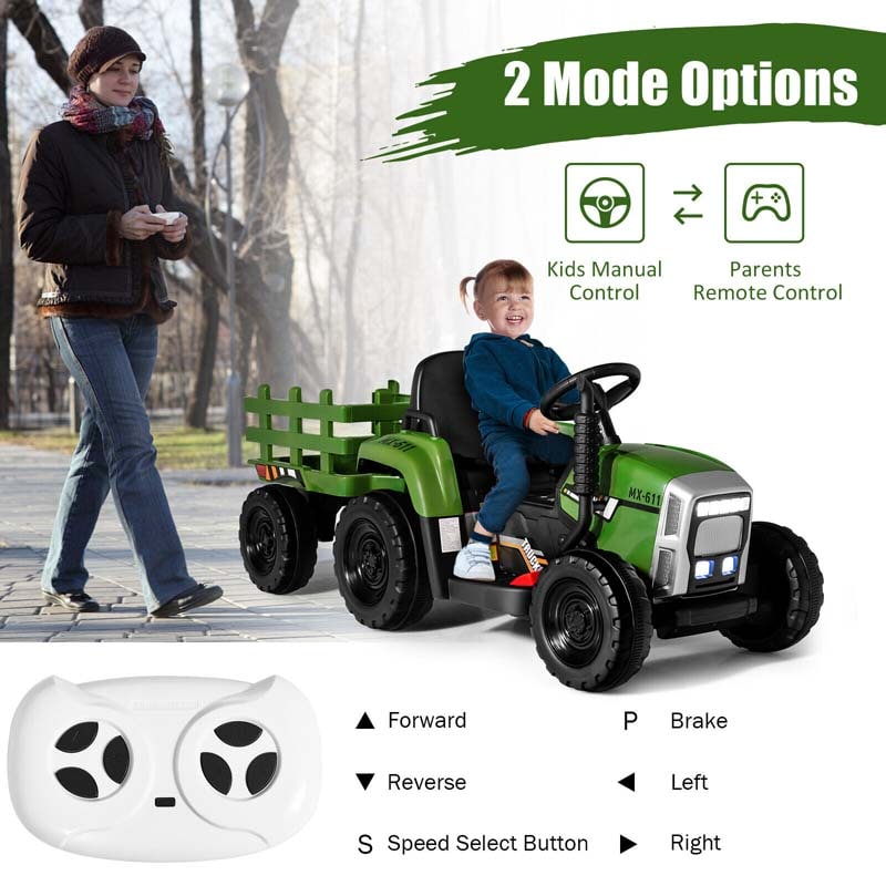 12V Kids Ride On Tractor with Detachable Trailer, 3-Gear Ground Loader & Remote Control, Riding Toy Tractor Electric Vehicle for Ages 3+