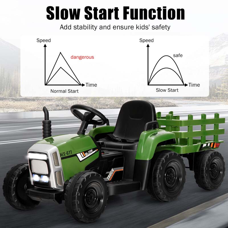 12V Kids Ride On Tractor with Detachable Trailer, 3-Gear Ground Loader & Remote Control, Riding Toy Tractor Electric Vehicle for Ages 3+