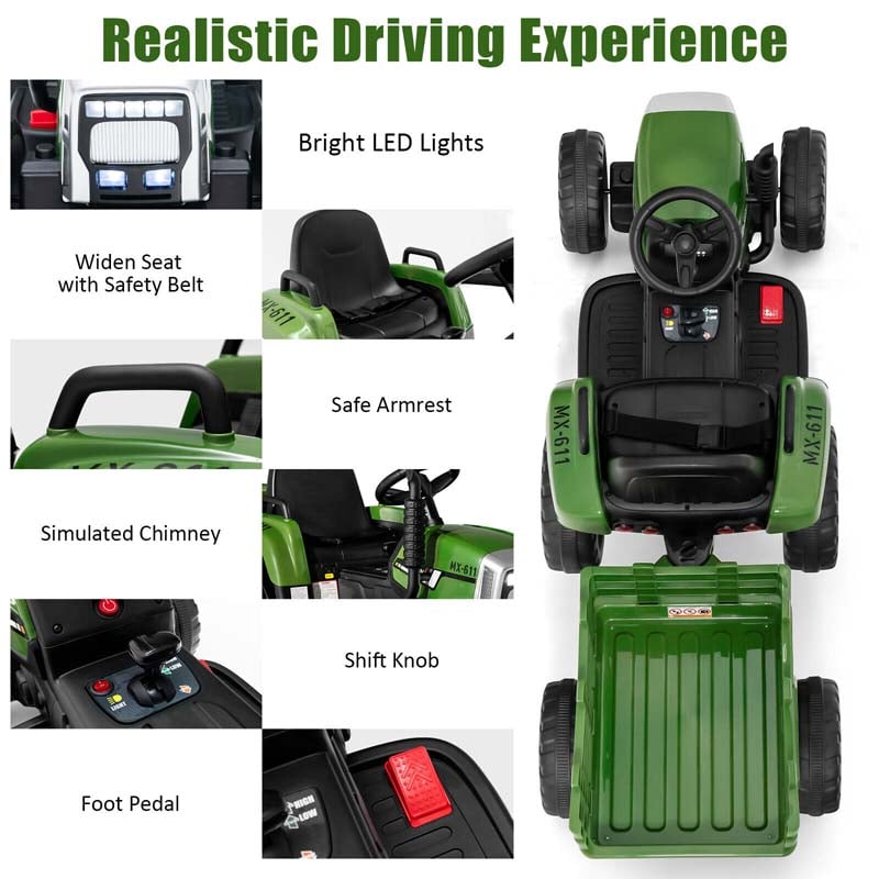 12V Kids Ride On Tractor with Detachable Trailer, 3-Gear Ground Loader & Remote Control, Riding Toy Tractor Electric Vehicle for Ages 3+